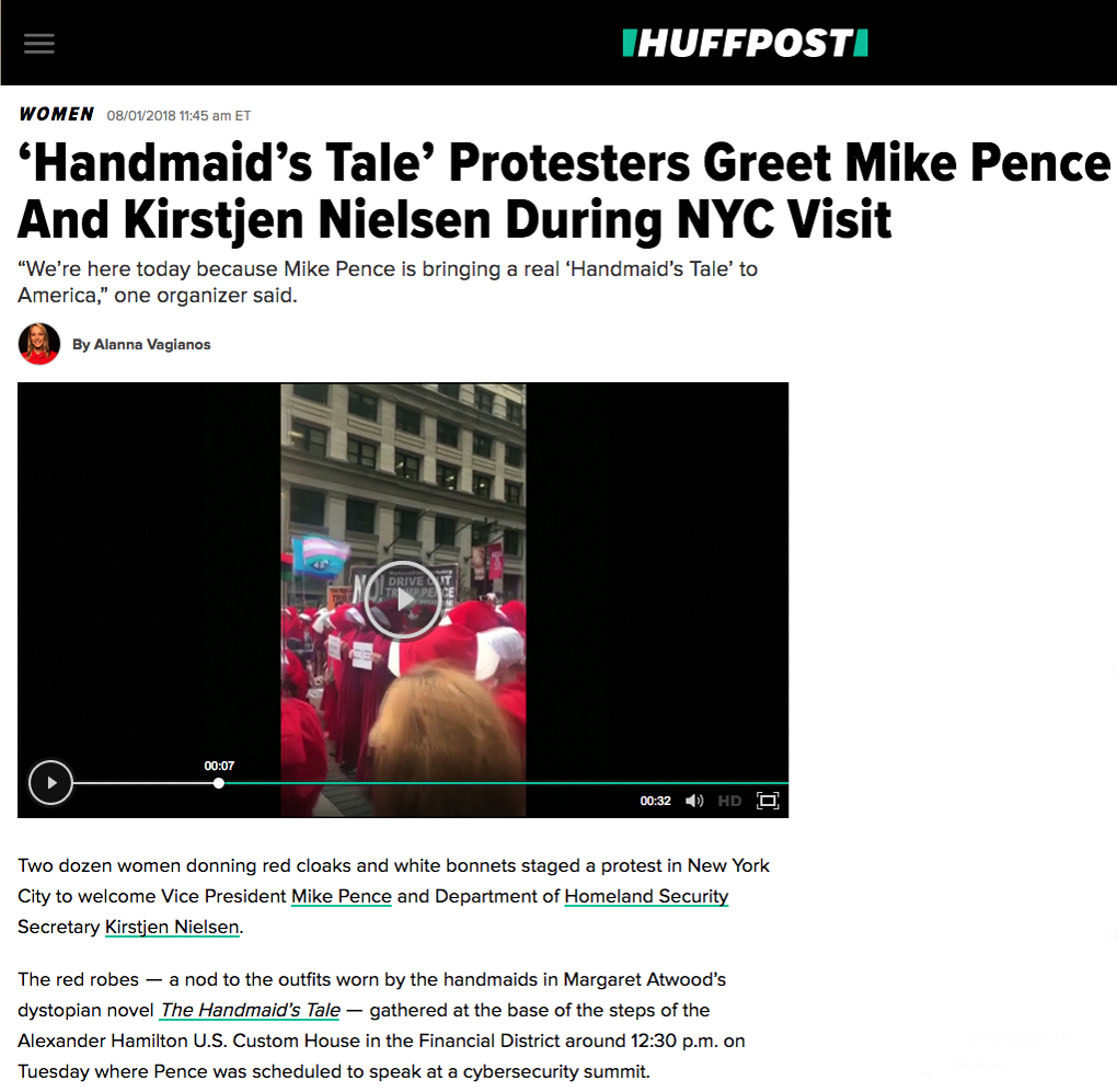 “We’re here today because Mike Pence is bringing a real Handmaid’s Tale to America,” an organizer shouted during the rally, Refinery29 reported. “He’s a Christian fascist. He’s a theocrat. This couldn’t be more fitting.”